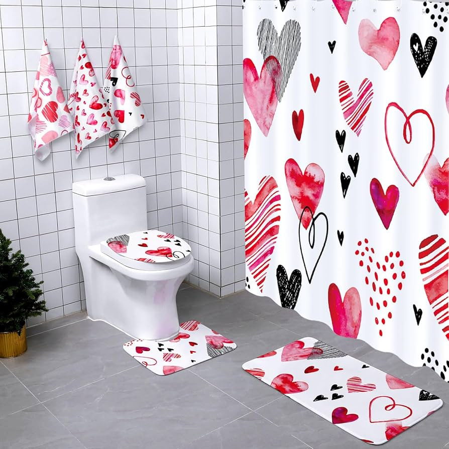 Newwiee 7 Pcs Valentine's Day Shower Curtain Set for Bathroom Heart Valentine's Day Bathroom Sets... | Amazon (US)