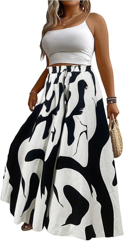 Women's Plus Size Floral Baggy Pants Boho Drawstring Wide Leg Flowy Vacation Palazzo Pants | Amazon (US)