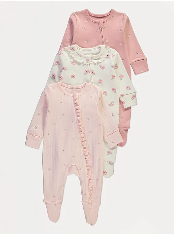 Pink Rose Frill Zip Fasten Sleepsuits 3 Pack | George at ASDA