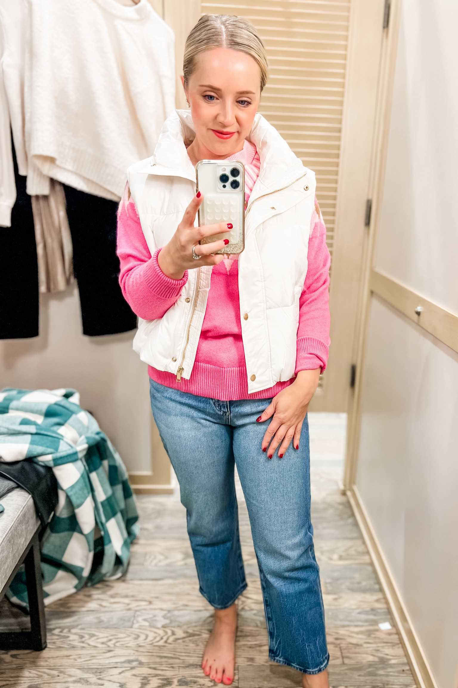 Love this pink fair isle sweater paired with a white puffer vest! Small puffer vest, and small petite sweater, both fit tts. Jeans are petite in a size 27, fit tts.
Winter outfit, sweaters, puffer vest, petite outfit, petite jeans, winter vest, white vest 

#LTKHoliday #LTKCyberWeek #LTKFindsUnder100