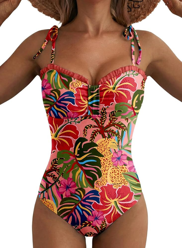 Herseas Women\u2019s Striped One Piece Swimsuits Tie Shoulder High Cut Tummy Control Bathing Suit... | Amazon (US)