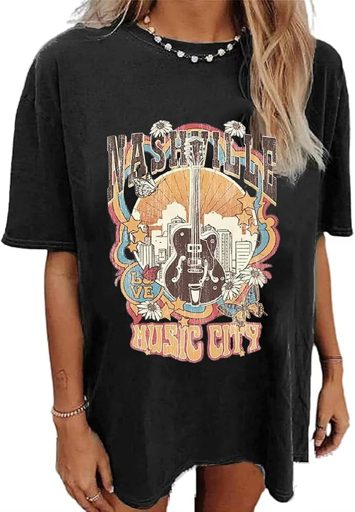 Oversized Rock Band T-Shirt Women Country Music Shirt Tops Nashville Music City Tshirt Vintage Gu... | Amazon (US)