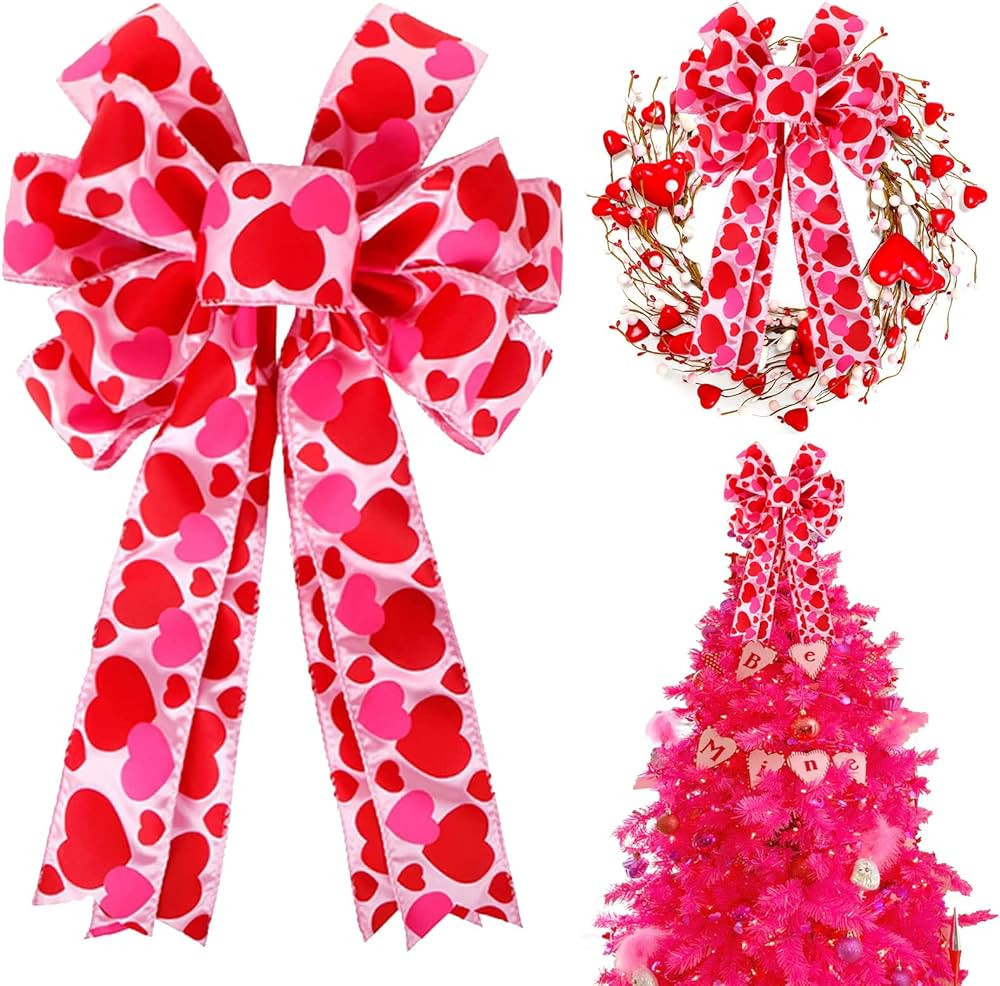 Valentine Tree Topper Bow with Heart Decorations, 11.4”x19.6” Large Red Pink Valentines Wreat... | Amazon (US)