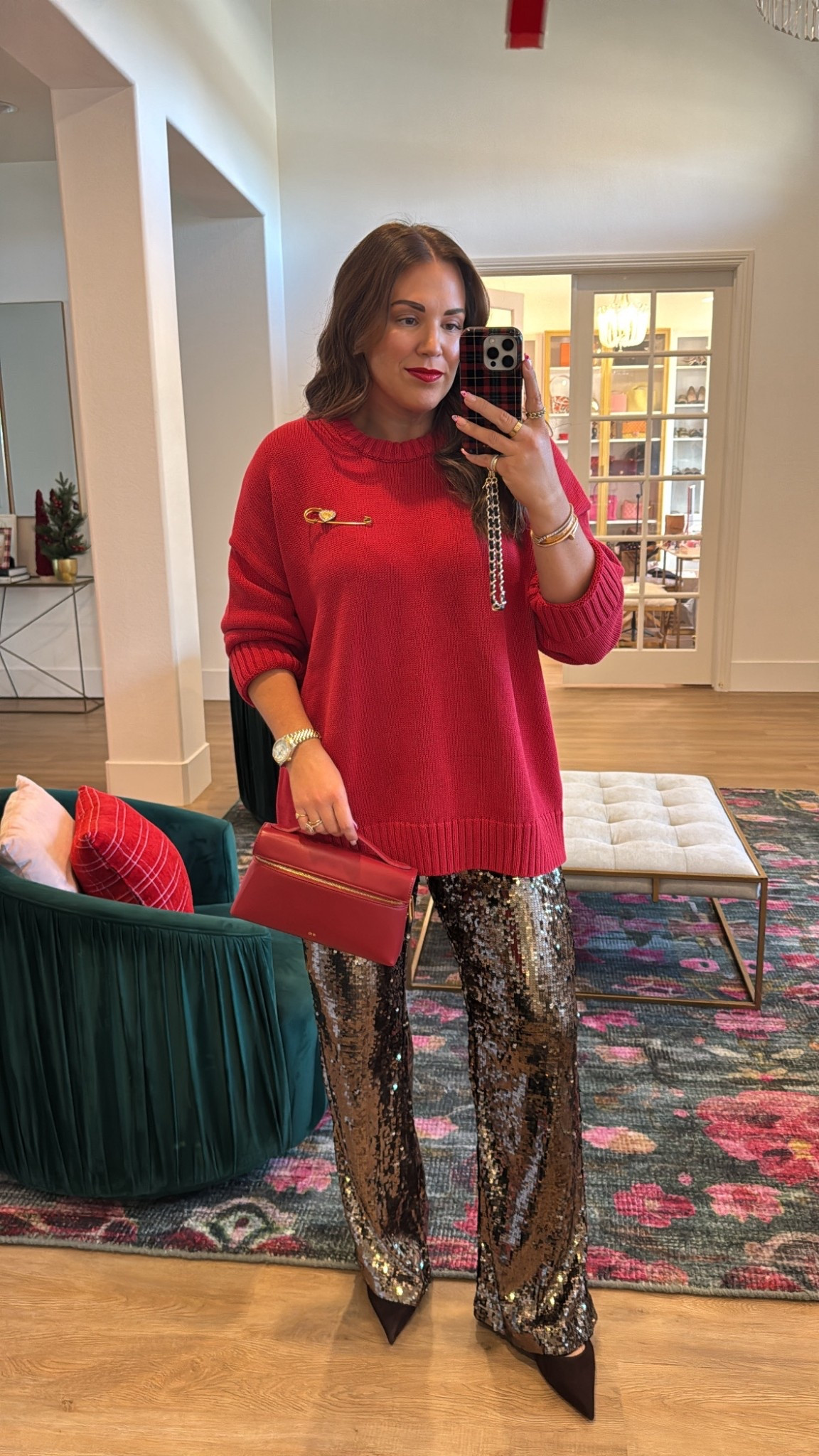 curvy midsize festive outfit for the holidays! wearing size xl in sweater for oversized fit and size 12 in sequin pants (fully lined)  

#LTKMidsize #LTKFindsUnder100 #LTKHoliday