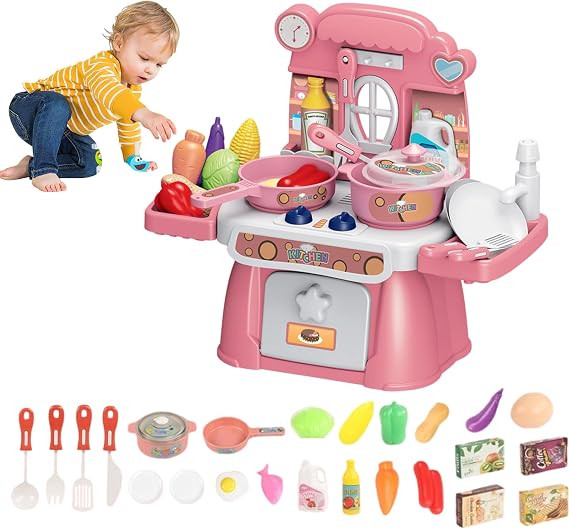 Kid Kitchen Playset with Kitchenware and Food, 24PCS Pretend Role-Play Kids Kitchen Set with Soun... | Amazon (US)