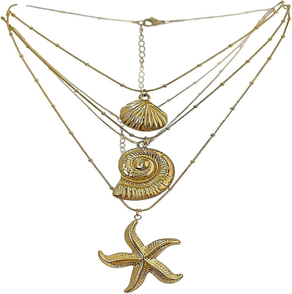 New 2026 Arrive Unisex Starfish Stripe Conch Scallop Shaped Pendant Necklace For Women Waterproof... | Amazon (US)
