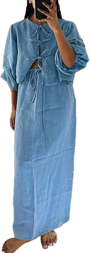 Linen Set for Women 2 Piece Vacation Outfit Coquette Long Puff Sleeve Tie Front Tops Blouse Cotto... | Amazon (US)