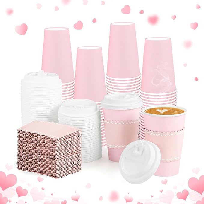60 Pack Pink Coffee Cup with Lids Sleeves, 12oz Insulated To Go Paper Cups Pink Party Cups Dispos... | Amazon (US)