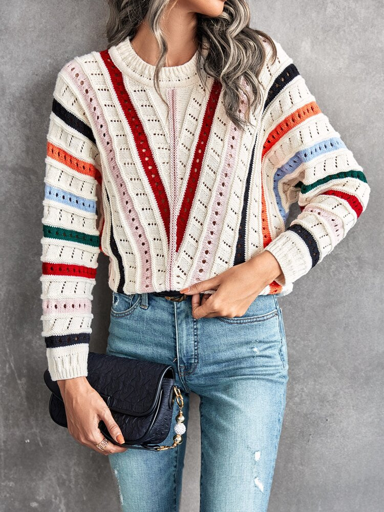 Block Striped Pattern Pointelle Knit Batwing Sleeve Sweater | SHEIN