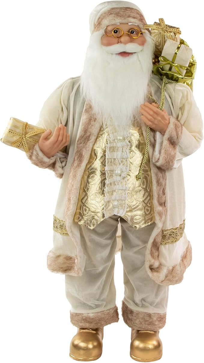 Northlight 36" Glorious Winter White and Ivory Standing Santa Claus Christmas Figure with Gift Ba... | Amazon (US)