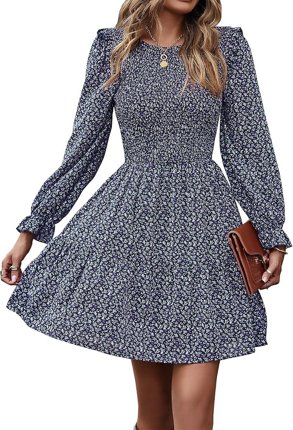KIRUNDO Womens Fall Dresses Casual Long Sleeve Floral Dress Crewneck Smocked High Waist Ruffle A ... | Amazon (US)