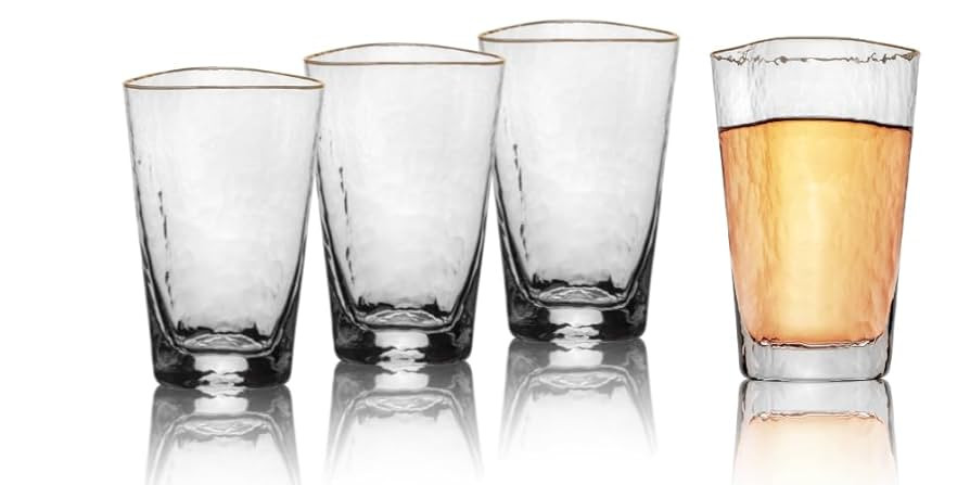 Bec's Designs Triangular Gold Rim Highball Glasses Set of 4 - Handblown Hammered Glassware Drinki... | Amazon (US)