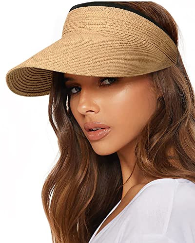 FURTALK Hat Straw Sun Visors for Women Summer Packable Ponytail Beach Hats for Travel UPF 50+ (Wide Brim Khaki, One Size) | Amazon (US)