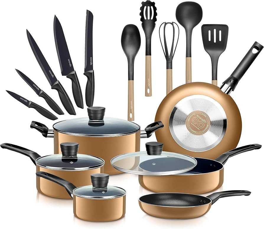 SereneLife Kitchenware Pots & Pans Basic Kitchen Cookware, Black Non-Stick Coating Inside, Heat R... | Amazon (US)