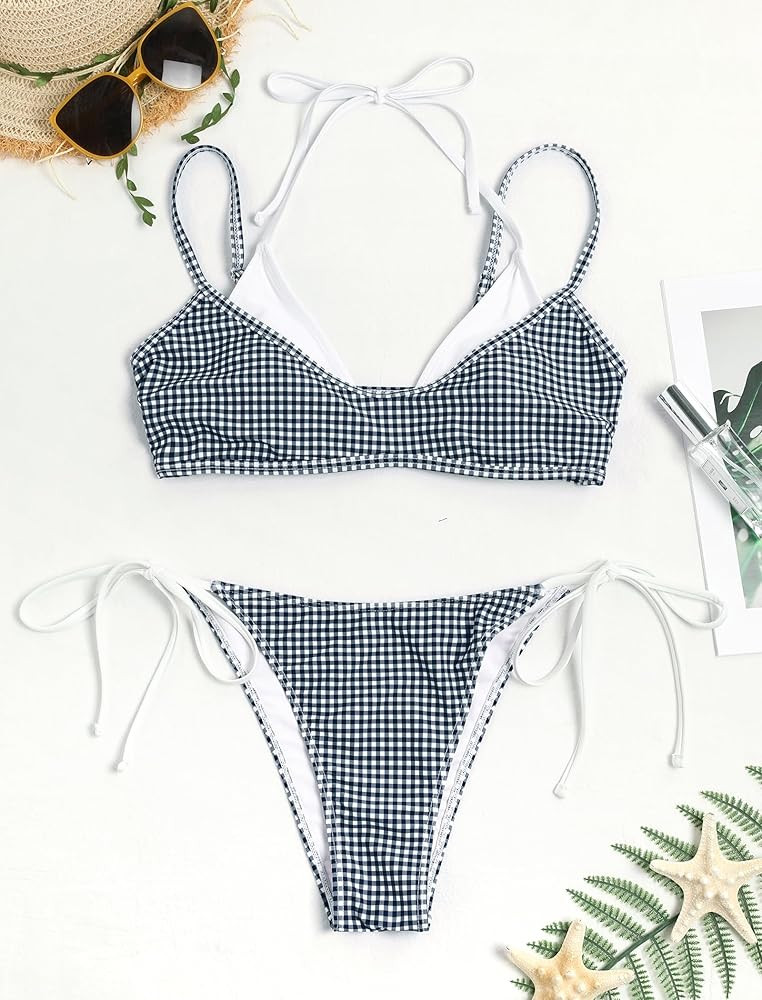 Amazon.com: ZAFUL Women's Polka Dot Bikini Set Double Layer Halter Swimsuit Colorblock Side Tie 2... | Amazon (US)