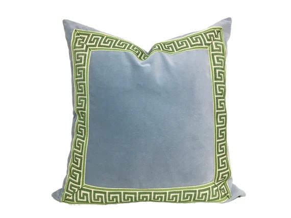 Light Blue Velvet Pillow Cover  with Green Greek Key Trim | Etsy | Etsy (US)