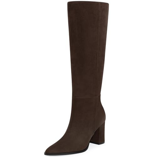 CELLENZ Women Knee High Boots: Comfort Pointy Toe Long Boot - Brown Suede Chunky Heeled - Tall Fashion Party Calf Boots Size 9.5 | Amazon (US)