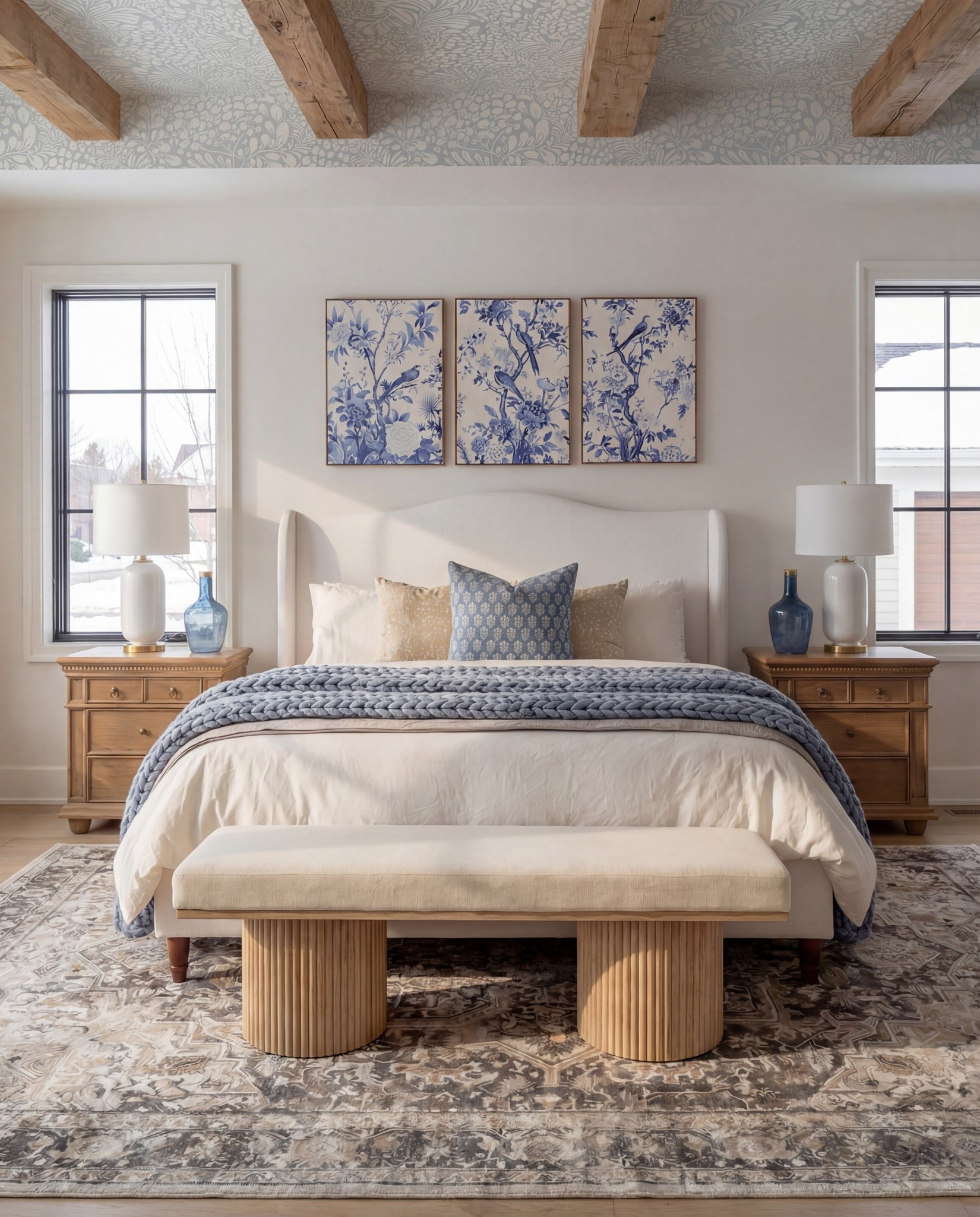 This bedroom is soft, serene, and timeless. The pale botanical ceiling wallpaper paired with exposed wood beams creates a subtle statement that feels warm and elevated without overpowering the space.

The upholstered bed anchors the room, layered with crisp white bedding and a chunky blue knit throw for texture. Blue-and-ivory artwork ties seamlessly into the pillows and accents, keeping the palette calm and cohesive.

Shop the Look:
• Upholstered bed frame (soft ivory fabric)
• White bedding set (cotton or linen)
• Chunky knit throw blanket (dusty blue)
• Blue and ivory accent pillows
• Wood nightstands (warm oak tone)
• Ceramic table lamps (white with brass detail)
• Blue glass decorative bottles
• Framed blue botanical wall art (set of three)
• Upholstered bench with fluted wood base
• Vintage-style area rug (beige, taupe, muted blue)
•White decor books
•Wood Decor beads 

#LTKHome #LTKSaleAlert #LTKFindsUnder100