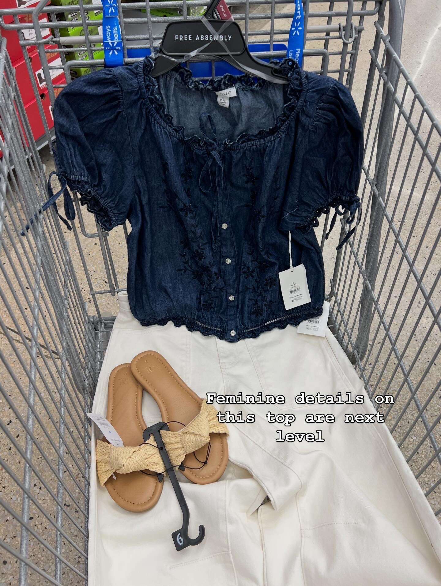 Walmart denim puff sleeve top with embroidery detail and white jean outfit idea #walmartfashion 