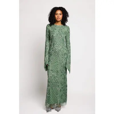 MARYISA Modest Embellished Sequins Flutter Sleeves Gown in Dark Green at Nordstrom, Size 10 | Nordstrom