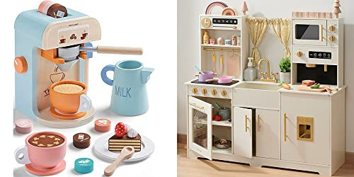 Tiny Land New Modern Play Kitchen for Kids & Kids Coffee Maker Wooden Kit, Toy Kitchen Set with Plenty of Play Features, Gift for Ages 3+ | Amazon (US)