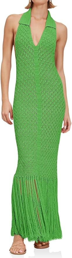 Saodimallsu Womens Halter Crochet Cover Up Fringe Sexy Backless Sleeveless V Neck Collared Vacati... | Amazon (US)