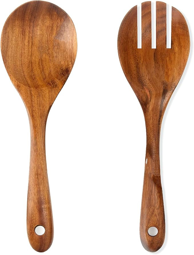 Teak Wood Salad Serving Spoon and Spork 10.2-Inch, Wooden Salad Server Set of 2, Teak Wooden Sala... | Amazon (US)