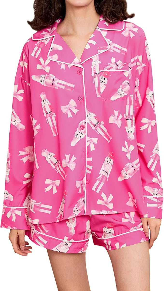 UAURORAO Women Christmas Cartoon Satin Shorts Set Long Sleeve Cute Print Button Down Shirts Color... | Amazon (US)