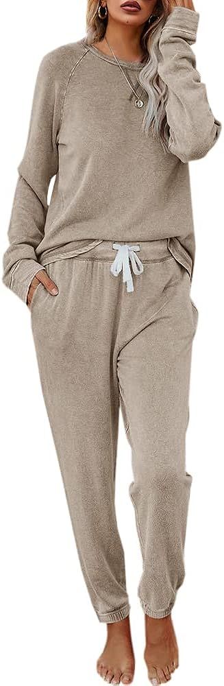 Eurivicy Women's Loungewear Set Solid 2 Piece Long Sleeve Pullover and Drawstring Sweatpants Spor... | Amazon (US)