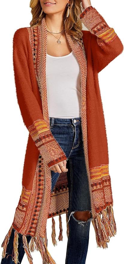 FERBIA Women Boho Cardigan Sweater Long Open Front Maxi Knit Sweaters Aztec Tribal Tassel Fringe ... | Amazon (US)