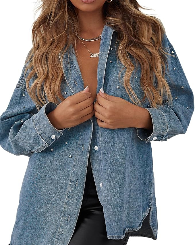Oversized Denim Shirt Button Down Jean Jacket Long Sleeve Shacket Blouse Tops | Amazon (US)