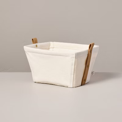 Decorative Canvas Storage Bin with Faux Leather Strap Handles Cream/Tan - Hearth & Hand™ with M... | Target