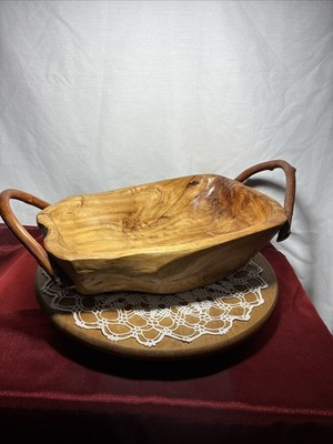 Large Hand Carved Wooden Bowl With Handles 4.25” Tall + Handle Height | eBay US