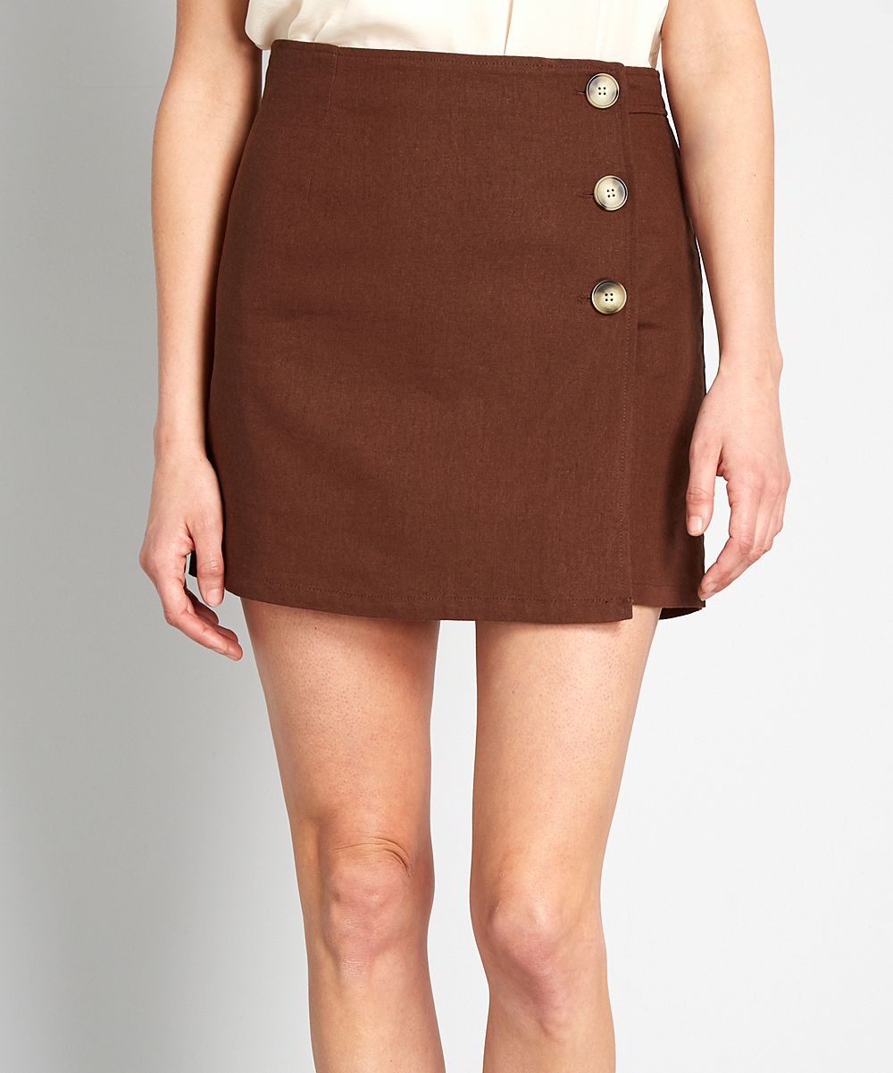 ModCloth Women's Casual Skirts Brown - Brown Sunny Attitude Faux Wrap Linen-Blend A-Line Skirt - Wom | Zulily
