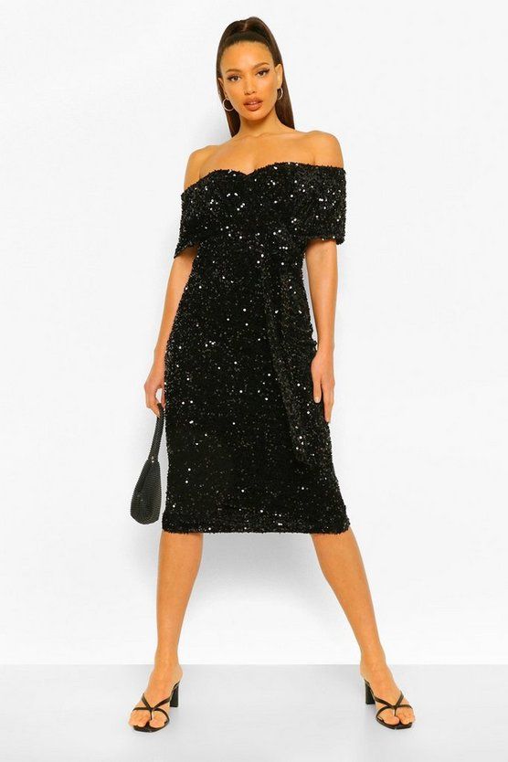 Tall Sequin Off The Shoulder Belted Midi Dress | Boohoo.com (US & CA)