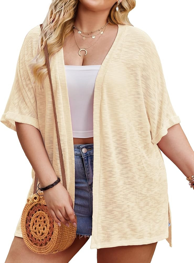 IN'VOLAND Womens Plus Size Lightweight Cardigan Open Front Short Sleeve Casual Loose Fit Beach Co... | Amazon (US)