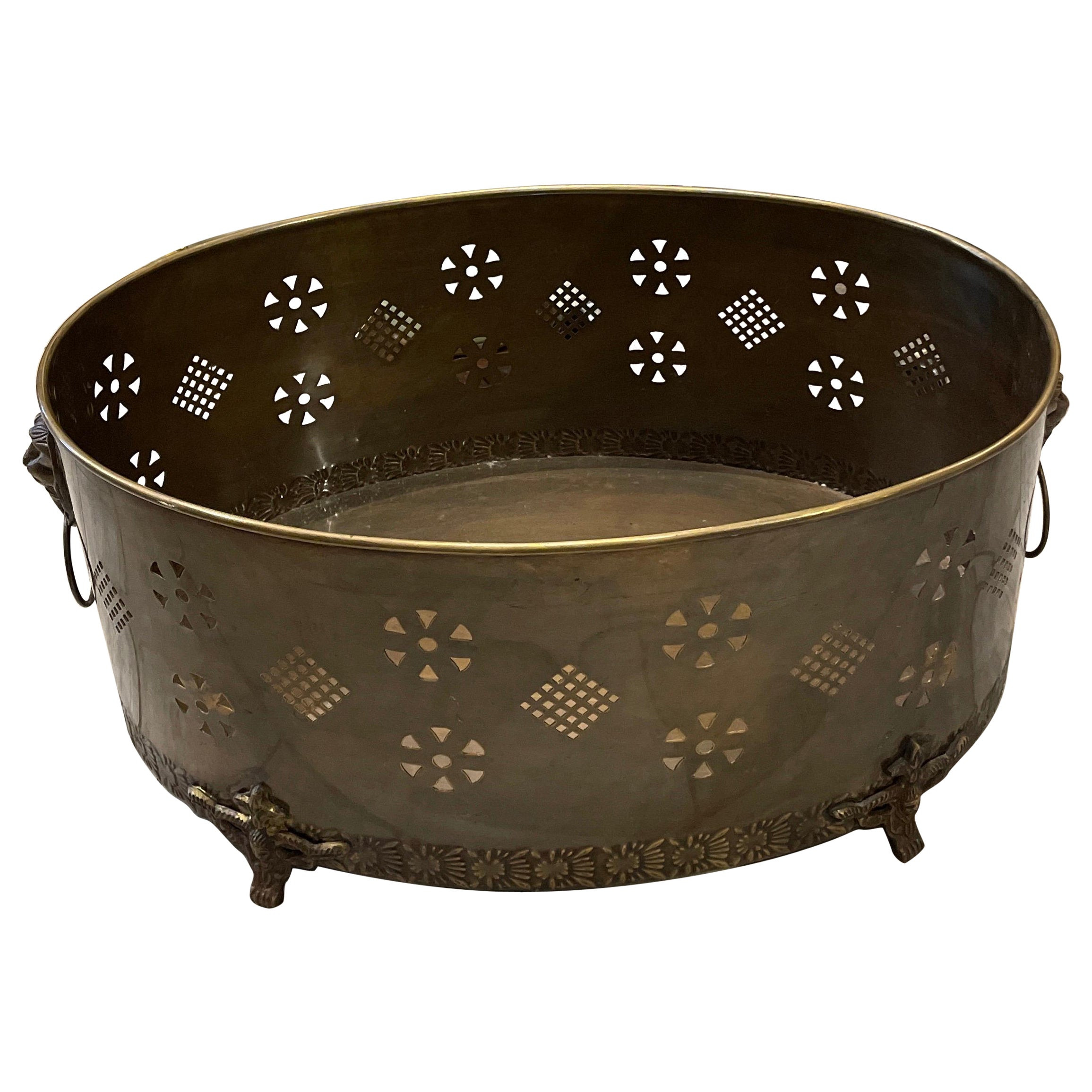 Large Pierced Brass Oval Footed Container | 1stDibs