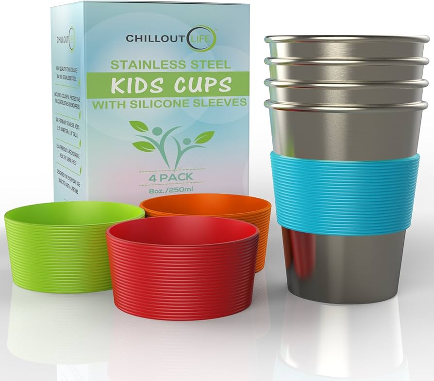 Stainless Steel Cups for Kids and Toddlers 8 oz. with Silicone Sleeves - Small Metal Cups for Hom... | Amazon (US)