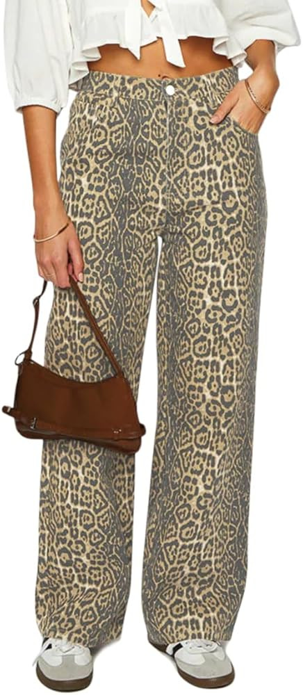 Women's Y2K Oversized Baggy Leopard Print Wide Straight Leg Jeans Stretchy High Waisted Cheetah C... | Amazon (US)