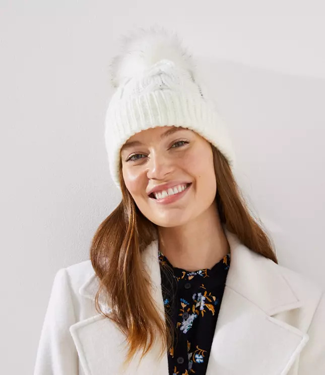 Cable Faux Fur Pom Pom Hat | LOFT | LOFT
