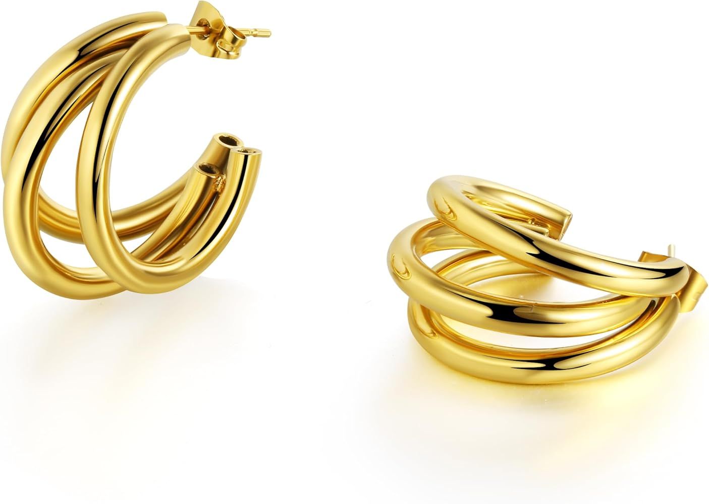 NONAMOIS 18K Gold Plated Chunky Multi Hoop Earrings for Women Hypoallergenic Trendy Triple Split ... | Amazon (US)