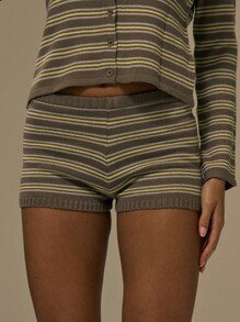 MUSERA Striped Knit Fitted Hotpants Shorts Fall Cute Streetwear Festival Farmhouse, Country, Vintage, Fall Autumn | SHEIN