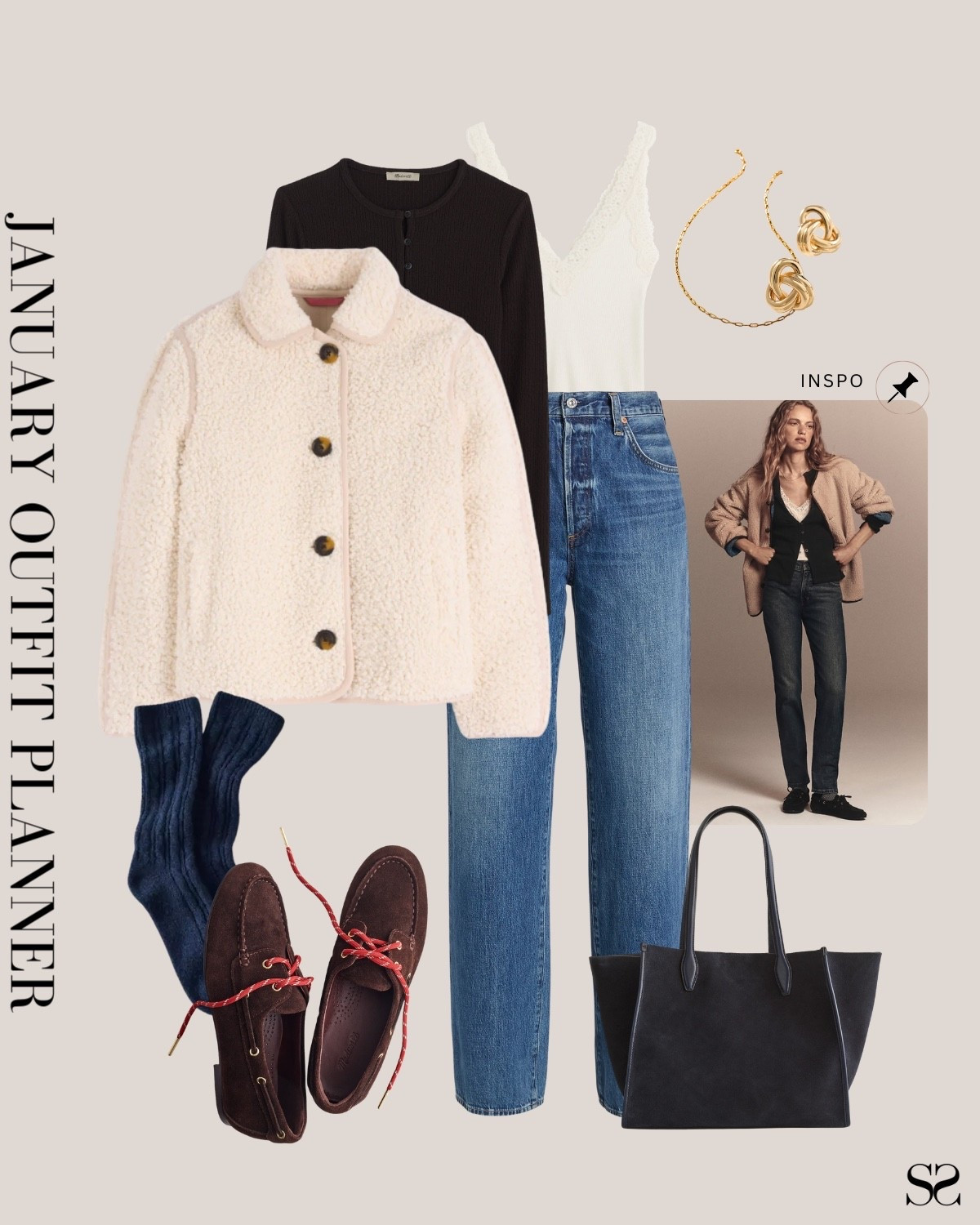 Monthly outfit planner JANUARY: Winter outfits | Sherpa jacket, black cardigan, lace cami, straight jean, boat shoes, loafer socks, leather tote 

#classicstyle #LTKstyletip #winteroutfit #casualchic 

Image inspo credit: Madewell 

#LTKootd #LTKgrwm #LTKSeasonal