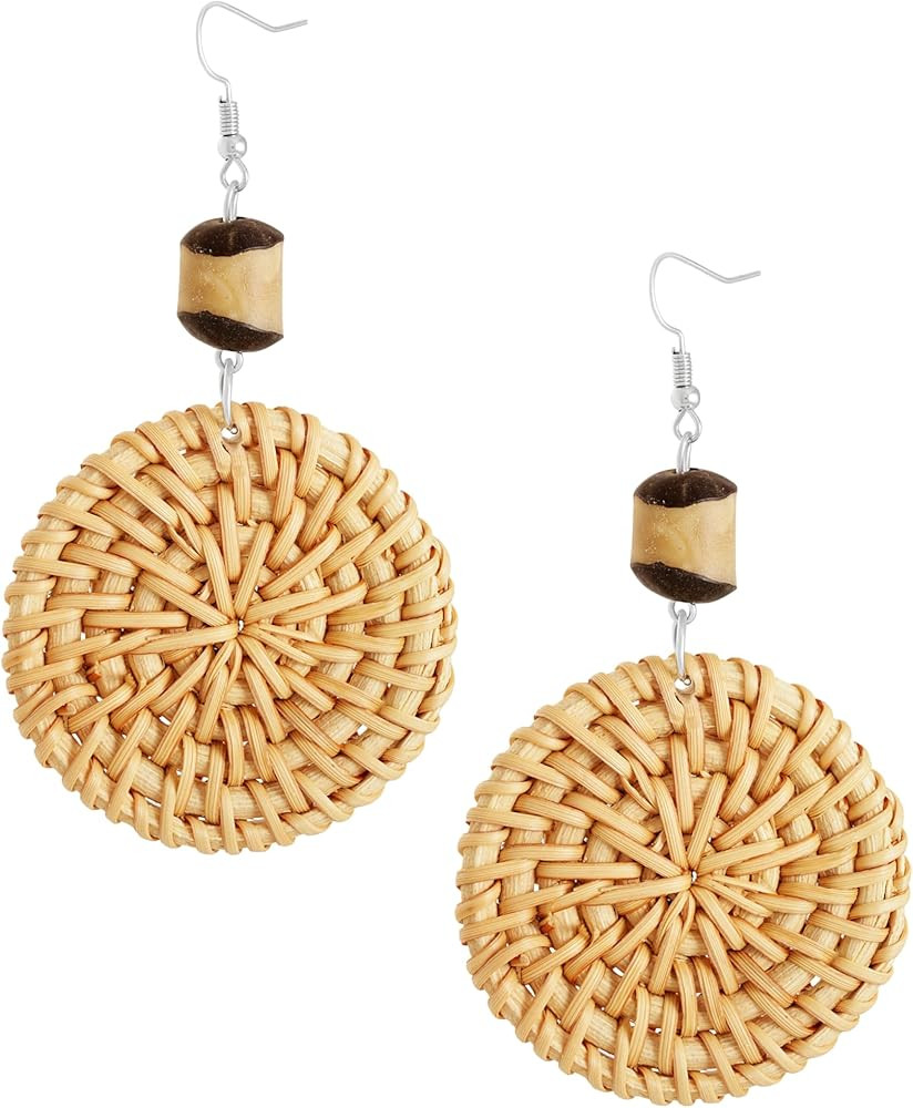 Boho Chic Handmade Rattan Wood Dangle Drop Earrings for Women, Bohemian Summer Beach Statement Je... | Amazon (US)