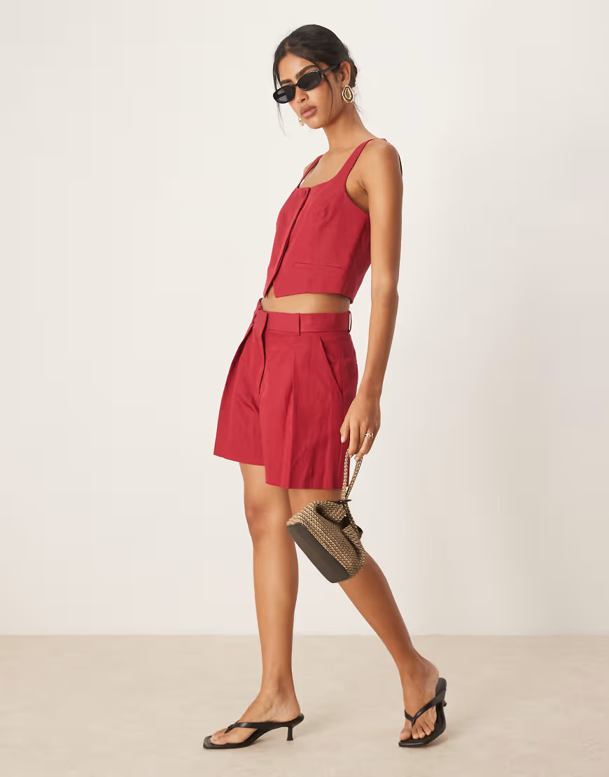 Mango linen blend tailored pleat front short co-ord in red | ASOS (Global)