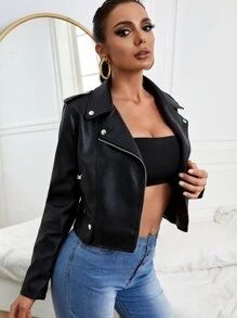 Lapel Neck Zip Up PU Leather Jacket | SHEIN