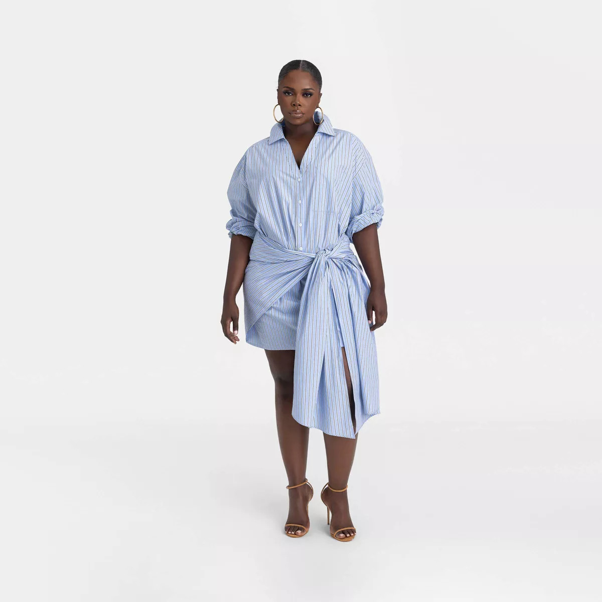 KBB by KAHLANA Women's Long Sleeve 'The Tie Waist Shirtdress' - Light Blue Striped | Target