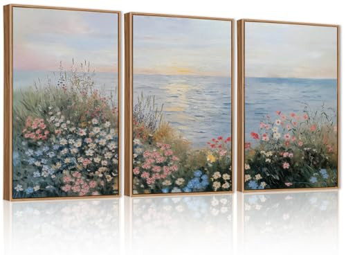 CHDITB Coastal Wildflowers Framed Canvas Wall Art Set, Coastal Floral Nursery Wall Decor, Seaside Sunset Artwork Spiritual Painting, Vintage Beach Art Prints For Living Room, Bedroom, Office 24"x36”x3 | Amazon (US)