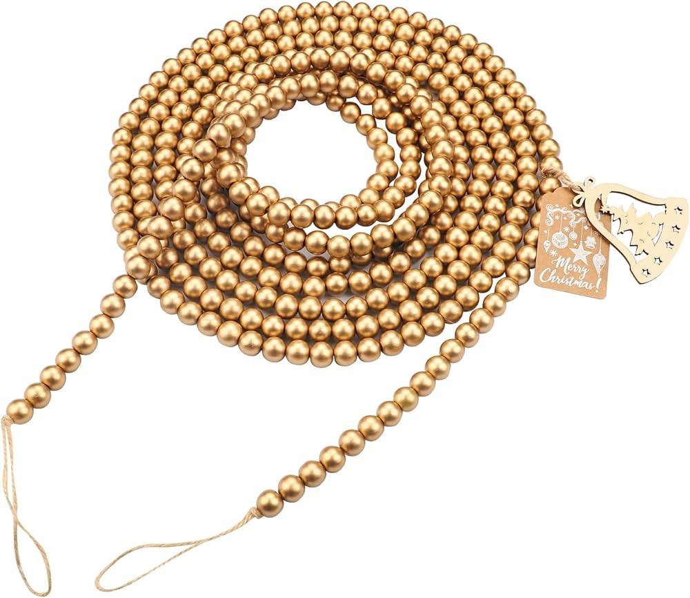 16 Feet Gold Wooden Bead Garland,Christmas Wood Bead Garland,Round Bead Garland Christmas Tree De... | Amazon (US)