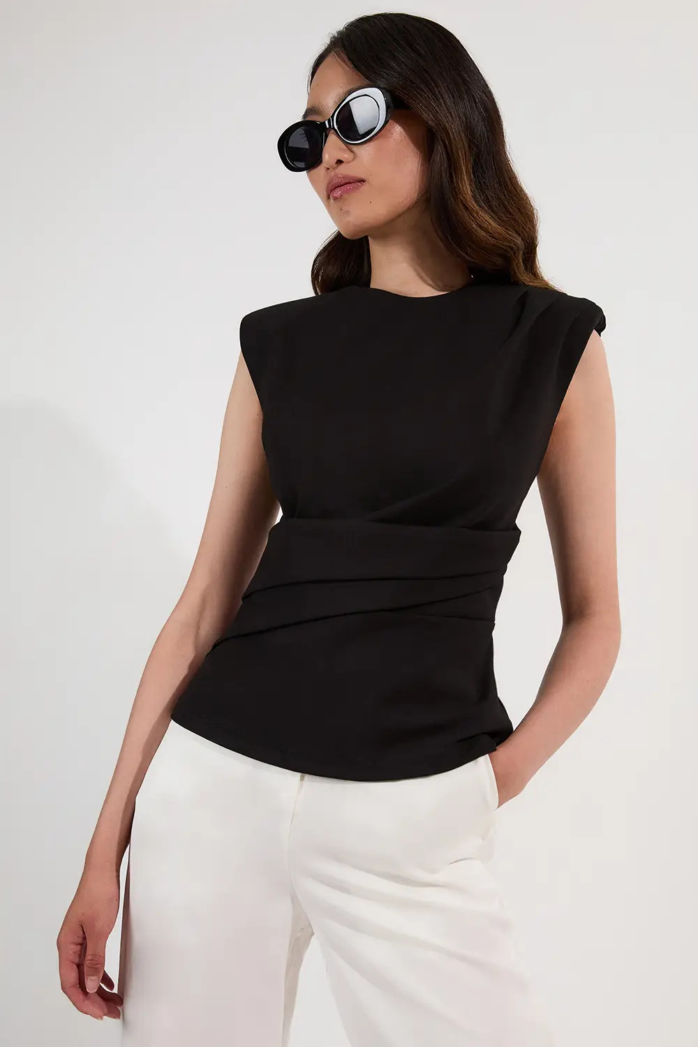 Tops | Ponte Ruched Waist Detail Round Neck Top | KarenMillen | Karen Millen US